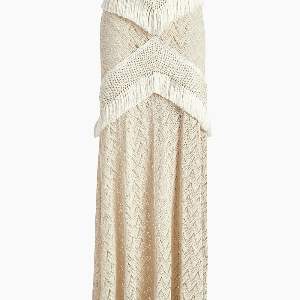 Patbo Fringe Trim Crochet Maxi Skirt and Matching Metallic Knit Top
